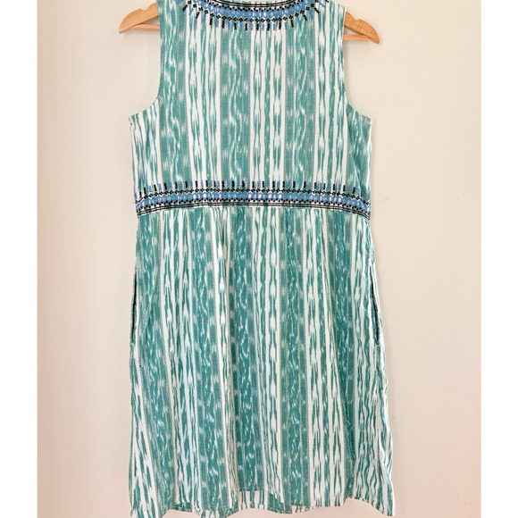 J JILL Embroidered Cotton Ikat Dress Small Petite V-Neck Sleeveless Lined Boho - Picture 7 of 13